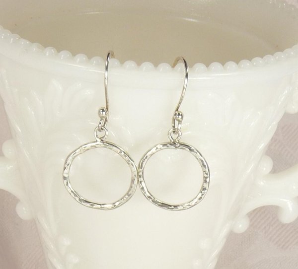 Sterling Silver Circle Earrings, Hammered Earrings,Dangle Earrings
