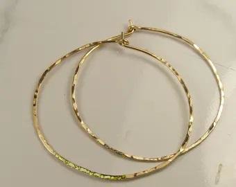Thin gold hoop earrings, Hammered or Smooth hoops,  14kt gold filled earrings
